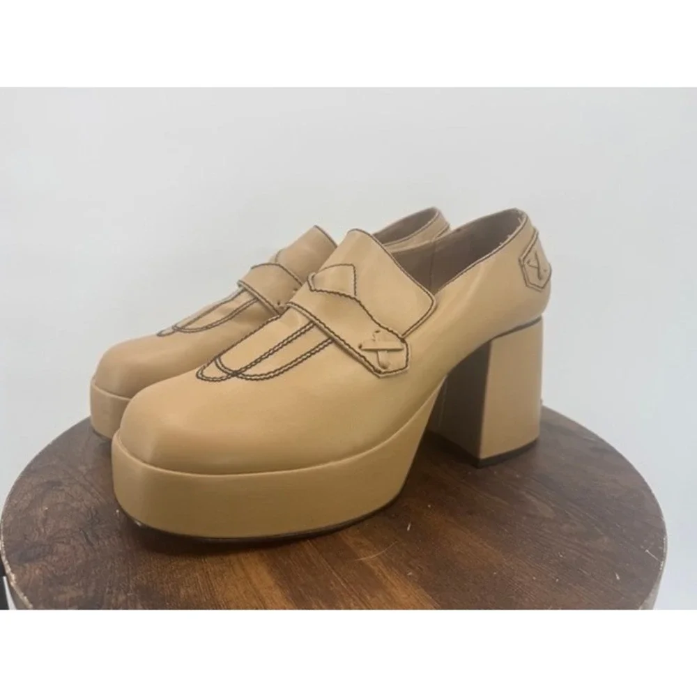 Funtasma Womens Tan Platform Block Heel Loafer Shoes SZ 11 Disco 70s Retro